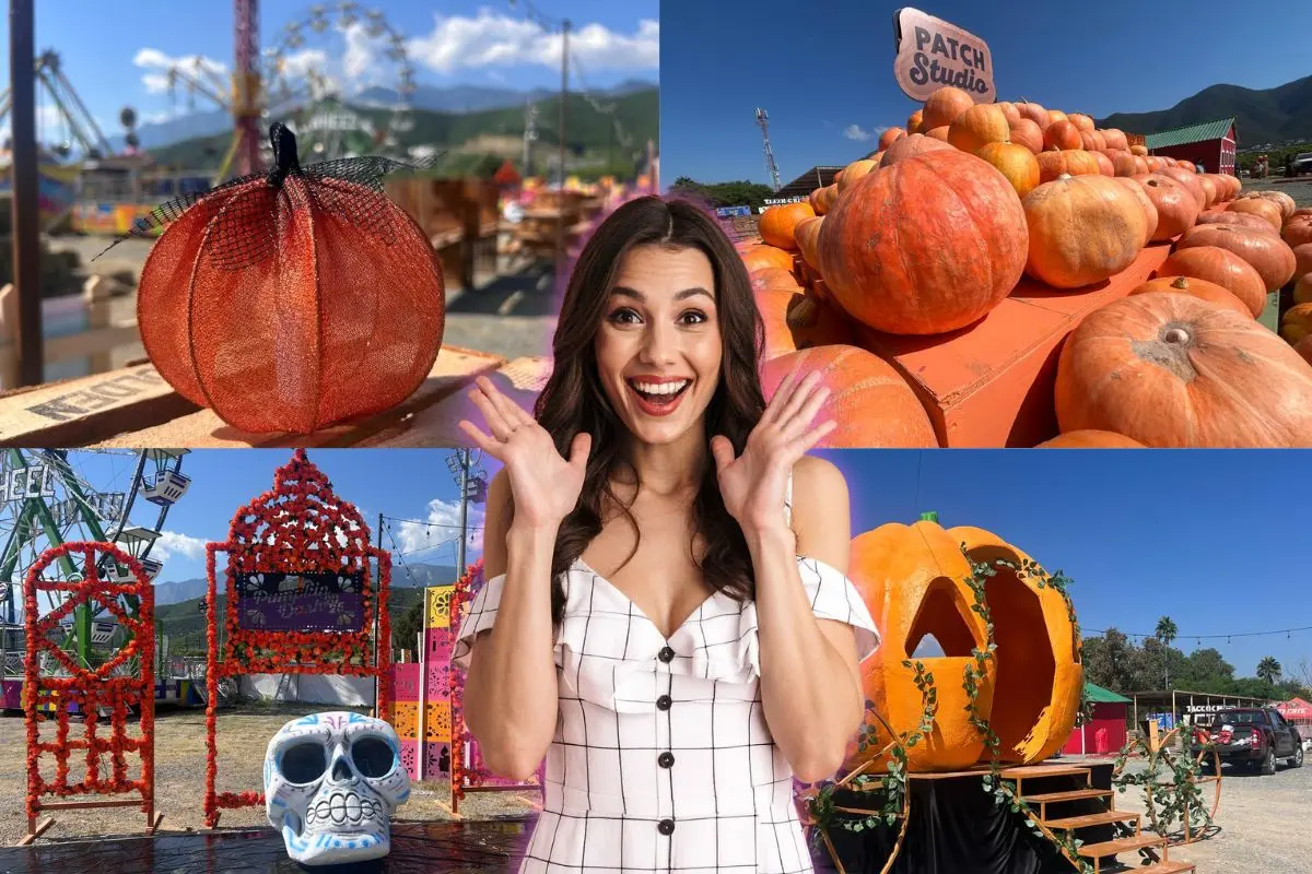 Mujer emocionada y de fondo spots de The Pumpkin Dash 2025 Foto: Canva/POSTAMX
