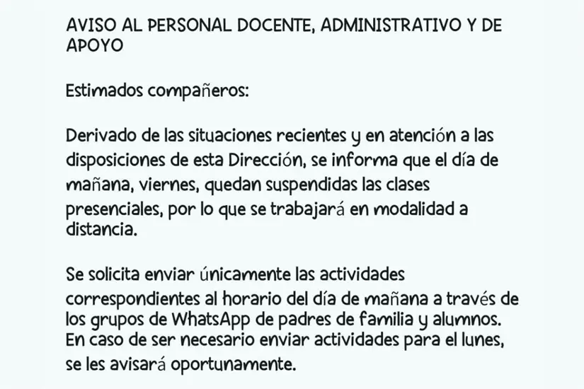 Mensaje que circula en redes sociales en las escuelas de Santa Engracia, Tamaulipas | Foto: Perla Herrera