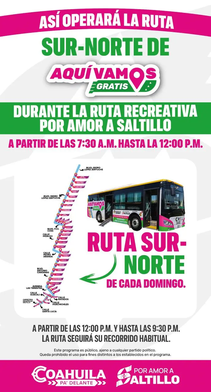 Estos cambios sólo serán los domingos./Foto: Gobierno Municipal de Saltillo