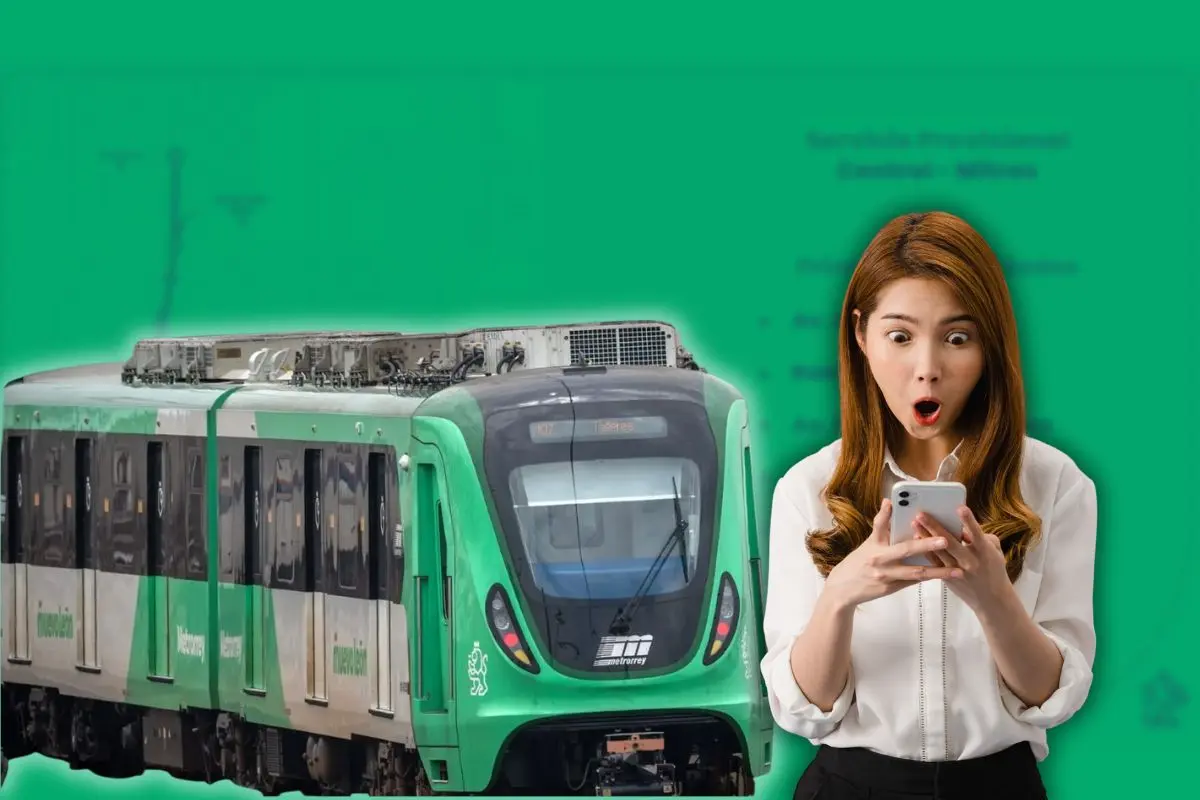 Mujer sorprendida con celular en mano y el vagón de Metrorrey al fondo. Foto: Canva