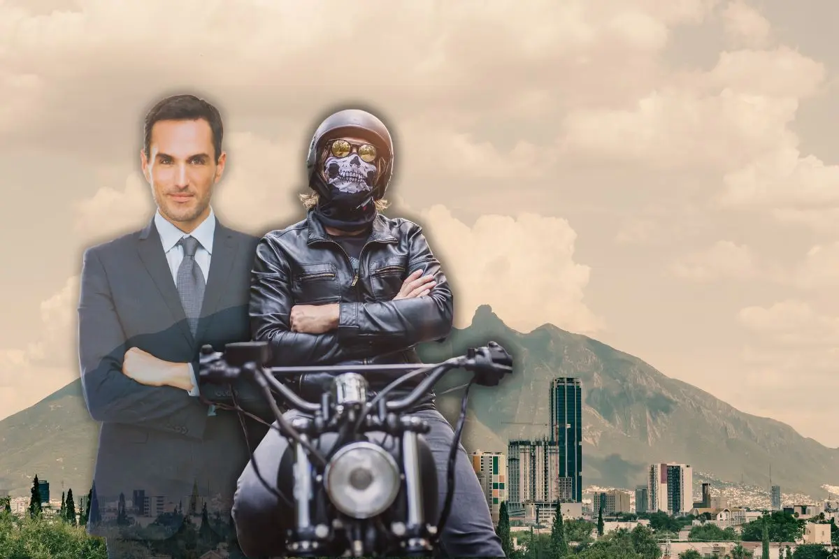 Hombre en traje y otro en motocicleta, de fondo el cerro de la silla Foto: Canva