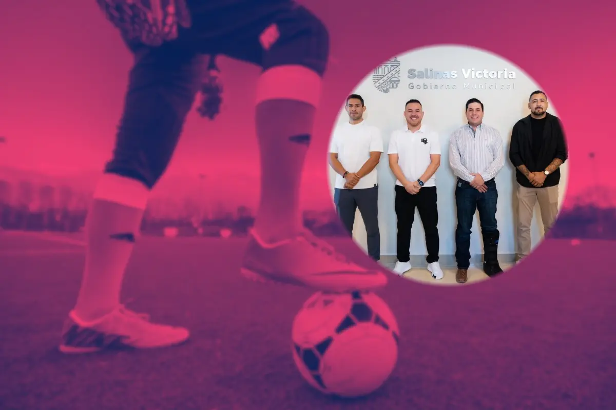 El alcalde de Salinas Victoria, Raúl Cantú y los ex futbolistas: Emmanuel Cerda, Abraham Darío Carreño e Israel Jiménez. Foto: Composición Canva