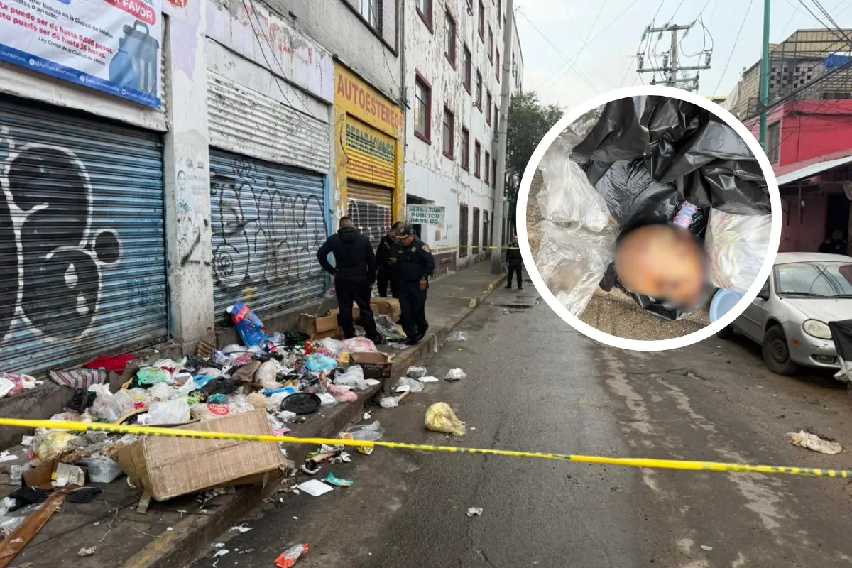 De fondo policías observando basura, presunta cabeza de zombie. Foto: Ramón Ramírez