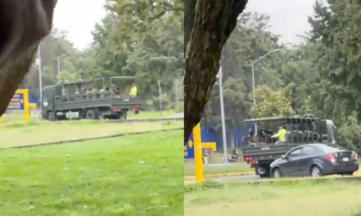 Camión del Ejército Mexicano en CU. Foto: captura X (@rivapa_oficial) | Canva