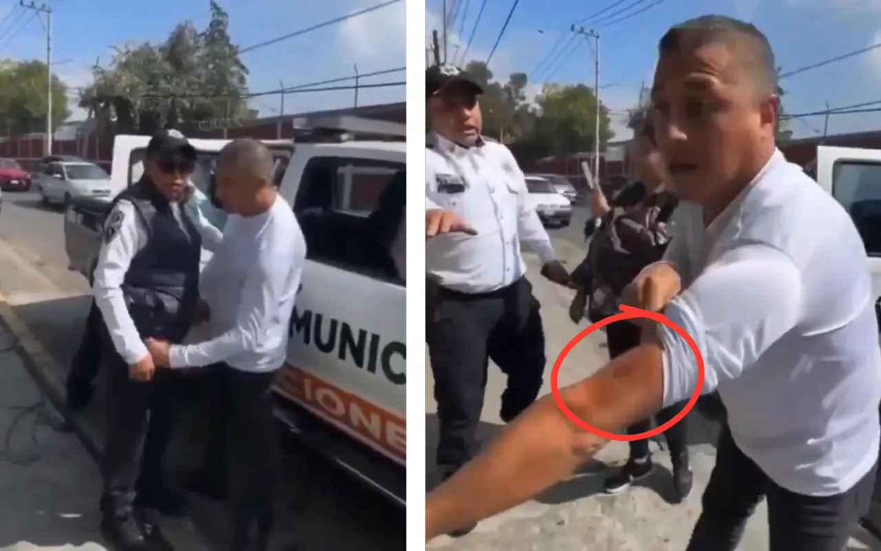 Momento en el que un policía de tránsito muerde a un conductor durante una pelea. Foto: X/ @VideosFacil2022 (Canva)