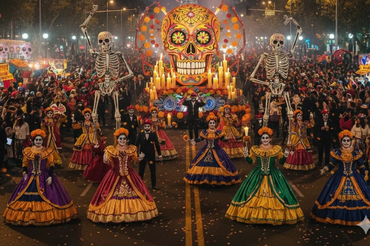 Personas celebrando Día de Muertos en CDMX. Foto: Gemini IA