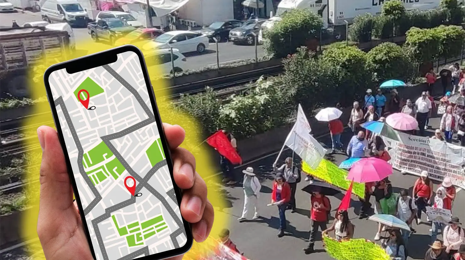 Bloqueo vial por marchas del CNTE en el Edomex. Foto: FB (Coordinadora Nacional de Trabajadores de la Educación) | Canva