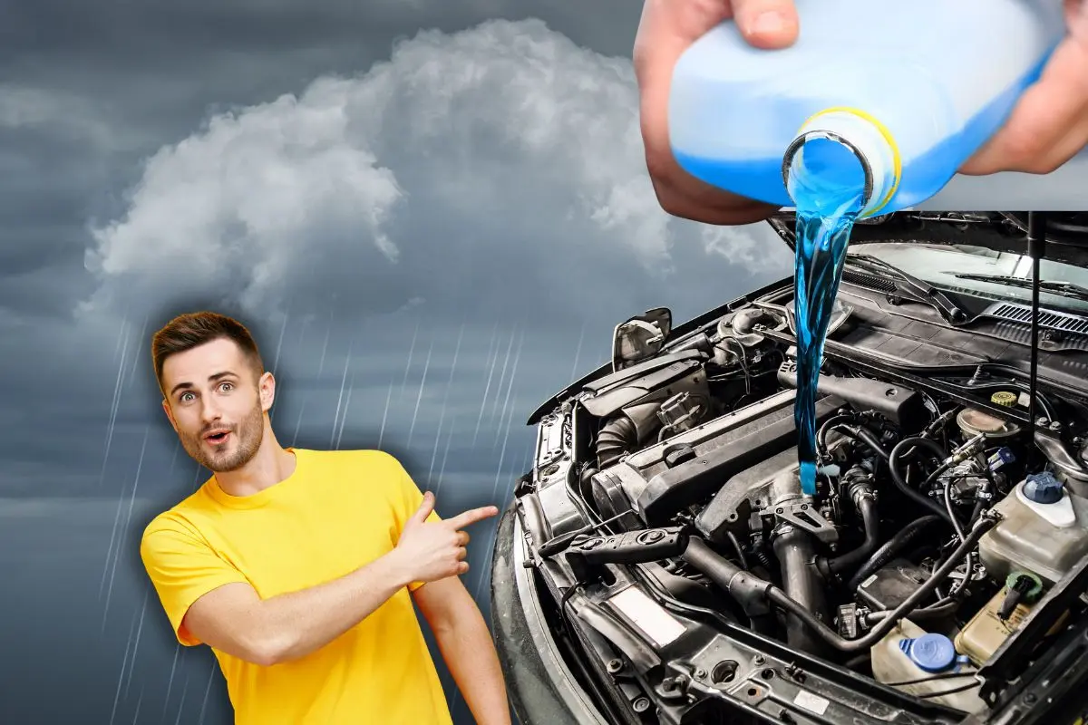 Hombre apuntando a carro con cofre abierto, de fondo una nube Foto: Canva
