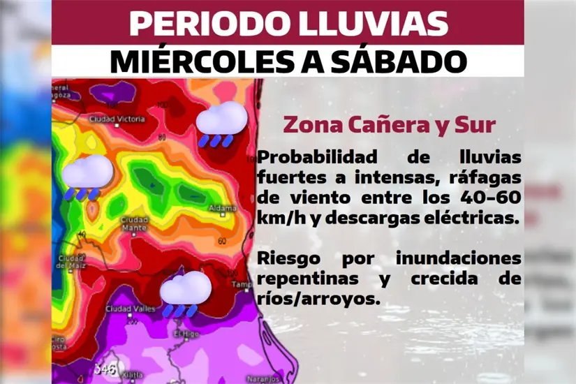 Pronóstico para la región cañera y sur de Tamaulipas. Foto: PC Tamaulipas