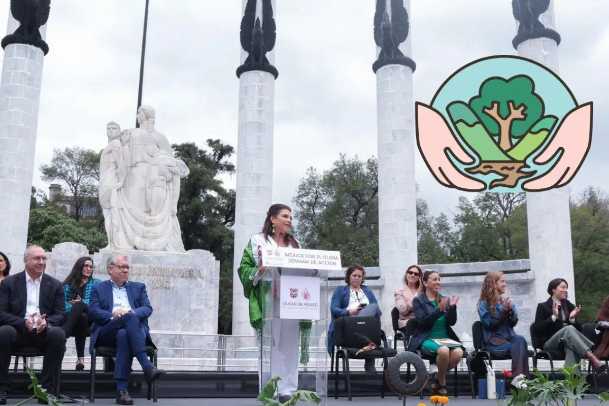 Clara Brugada en conferencia de prensa por el cambio climático. Foto: Gobierno CDMX l Canva