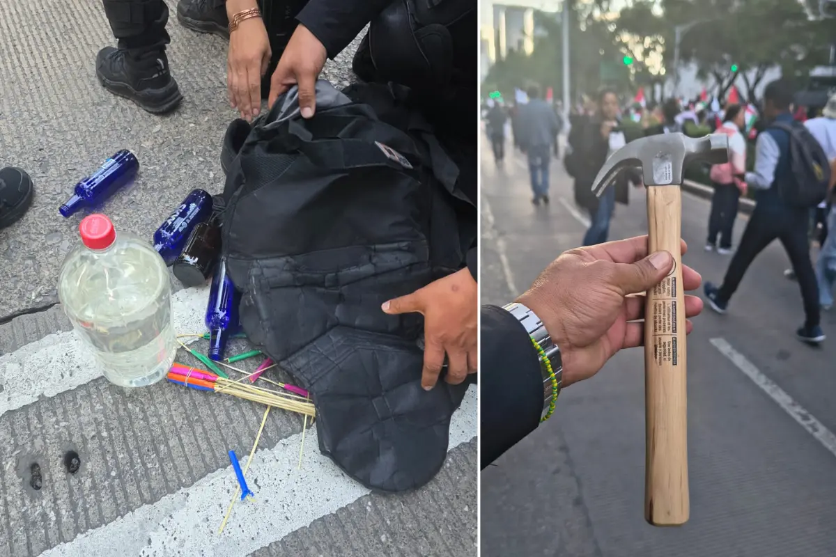 Objetos decomisados a encapuchados en marcha pro Palestina. Foto: Luis Antonio Alfaro