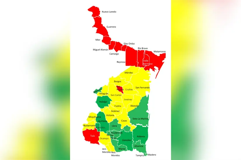 Municipios en rojo, amarillo y verde, de acuerdo a la última actualización del Semáforo del Agua en Tamaulipas. Foto: Secretaría de Recursos Hidráulicos