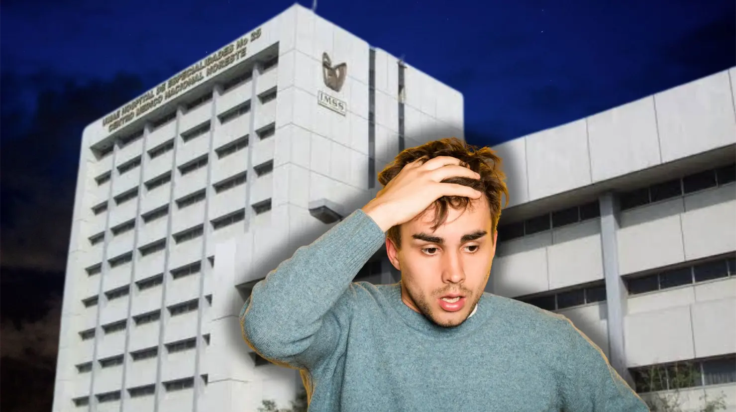 Hombre con miedo y de fondo la clínica 25 del IMSS en Nuevo León Foto:
