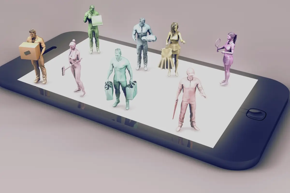 Un celular y figuras de personas realizando labores. Foto: Canva