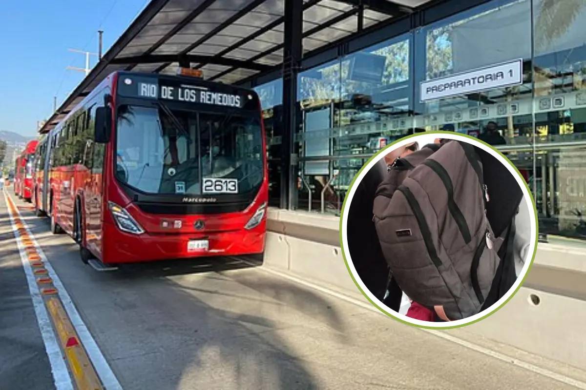 Metrobús de CDMX y Mochila al hombro. Foto: @MetrobusCDMX | Canva