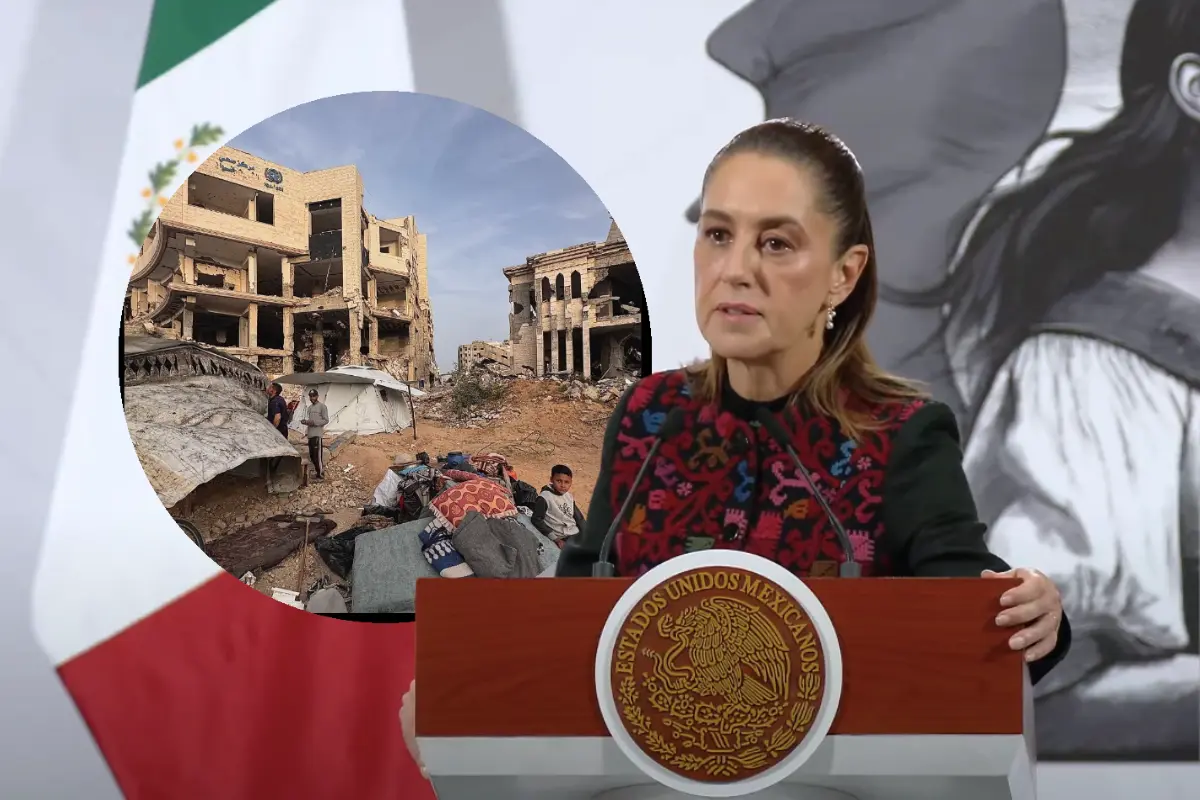 Claudia Sheinbaum y edificios destruidos en Franja de Gaza. Foto: X (@UNRWA)