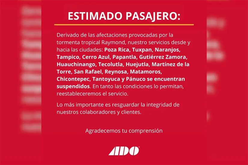 Comunicado sobre la suspensión de servicio de ADO. Foto: ADO