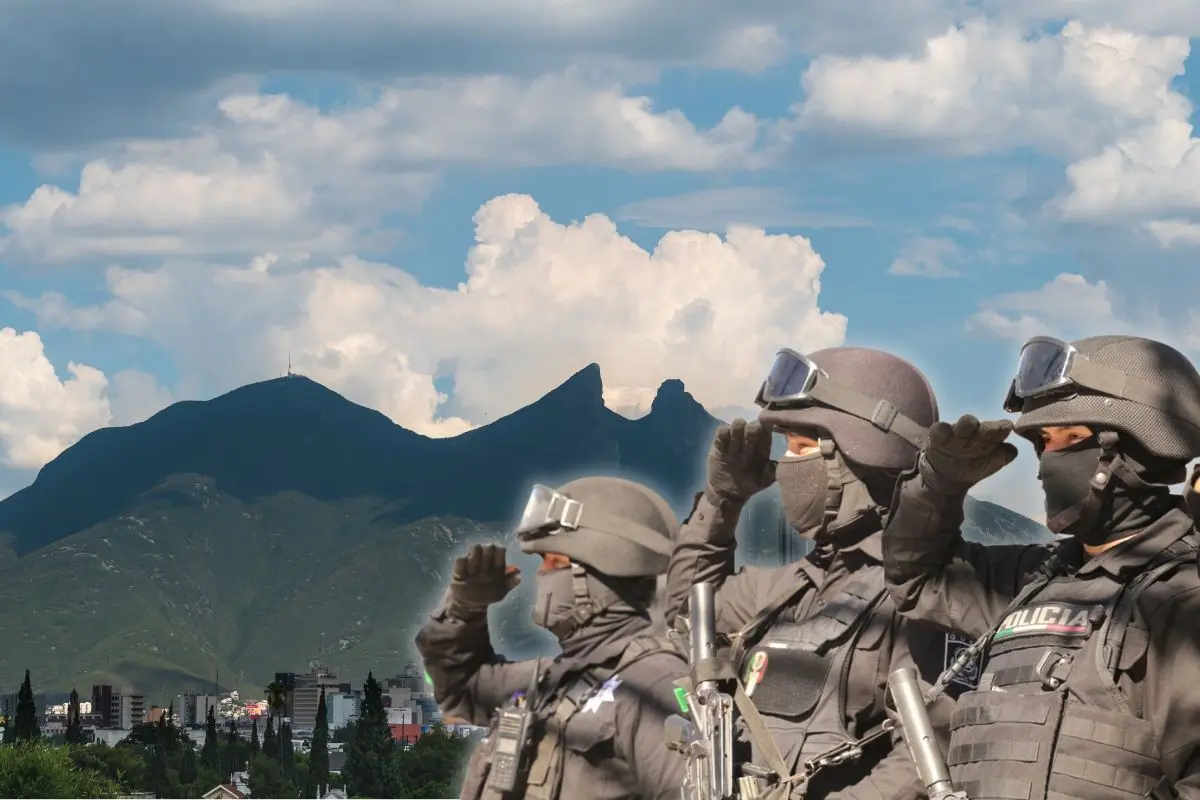 Policías de Nuevo León de fondo el cerro de la silla Foto: Canva