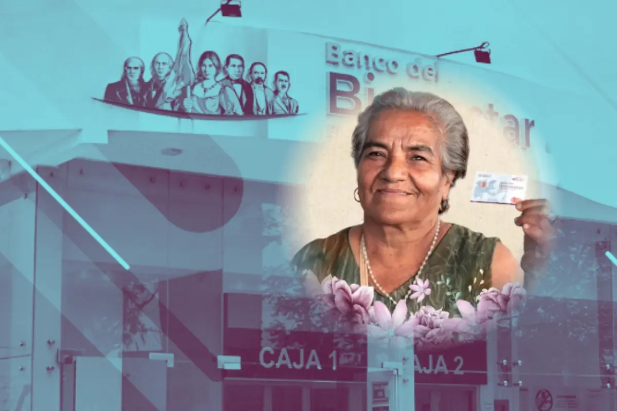 Imagen ilustrativa del Banco Bienestar y una mujer con su tarjeta. Foto: Composición Canva