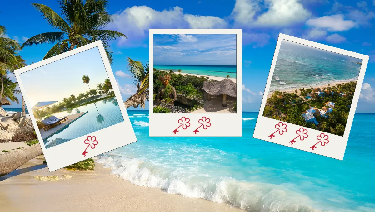 Solo un hotel de Playa del Carmen tiene tres llaves Michelin, lo máximo que entrega la guía Foto: Canva/Hotel Esencia/Palmaia/Chablé Maroma