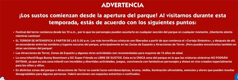 Advertencia del parque de diversiones. Foto: Six Flags