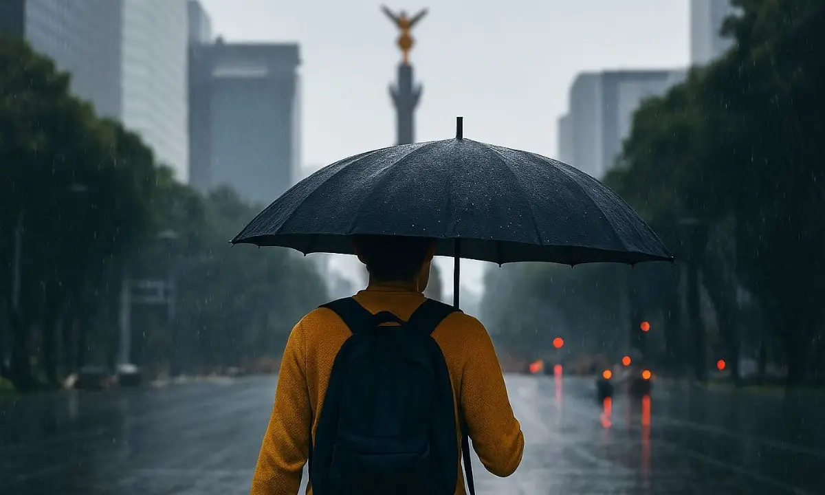 Persona caminando bajo la lluvia en CDMX. Foto: creada con IA