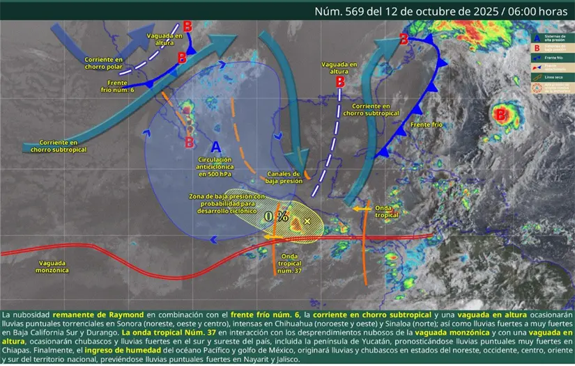 Este 12 de octubre, la península presenta lluvias y nubosidad debido a los remanentes de la tormenta tropical Raymond. Foto: Servicio Meteorológico Nacional (SMN)