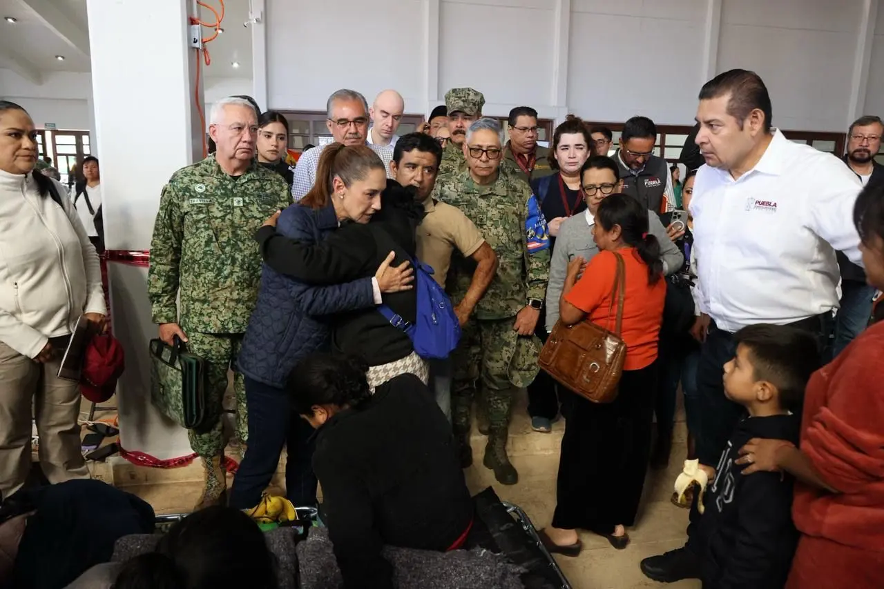 Claudia Sheinbaum llega a Huauchinango, Puebla a visitar a afectados por las lluvias. Foto: Gobierno de México