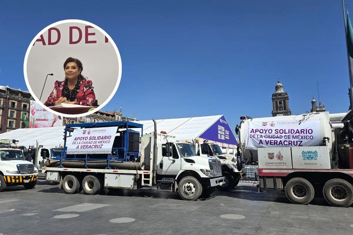 De fondo Zócalo capitalino con apoyo para afectados de lluvias en Veracruz, Clara Brugada. Foto: Mario Flores l Canva