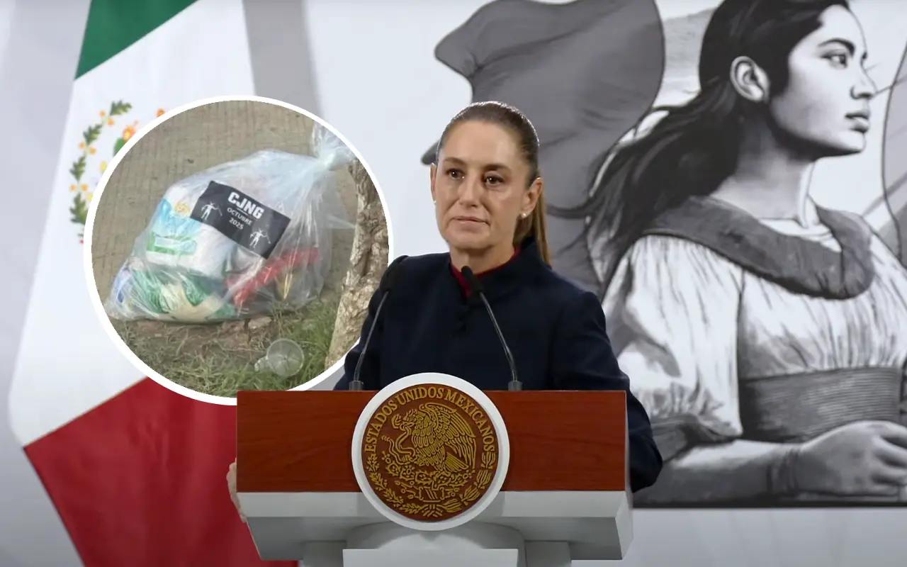 Claudia Sheinbaum y presunta despensa del CJNG. Foto: X (@narcoblogger) / Captura de pantalla: YouTube (Claudia Sheinbaum)