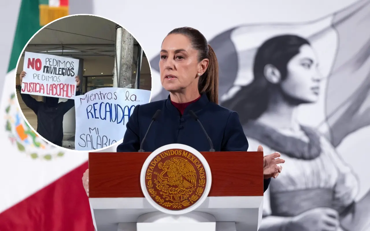 Claudia Sheinbaum y trabajador en protesta del SAT. Foto: Presidencia de la República / X (@satparonacional)