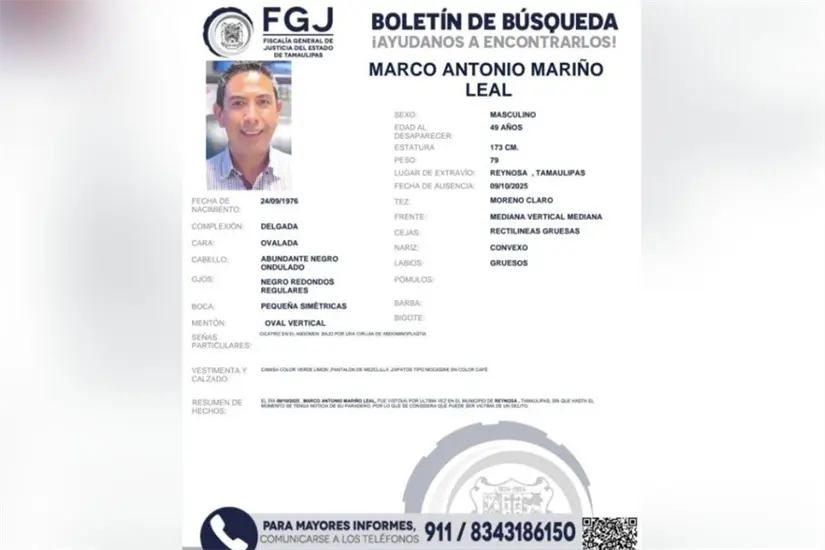Boletín de búsqueda para localizar a Marco Antonio Mariño Leal, vicepresidente de la FECANACO en Tamaulipas. Foto: FGJT