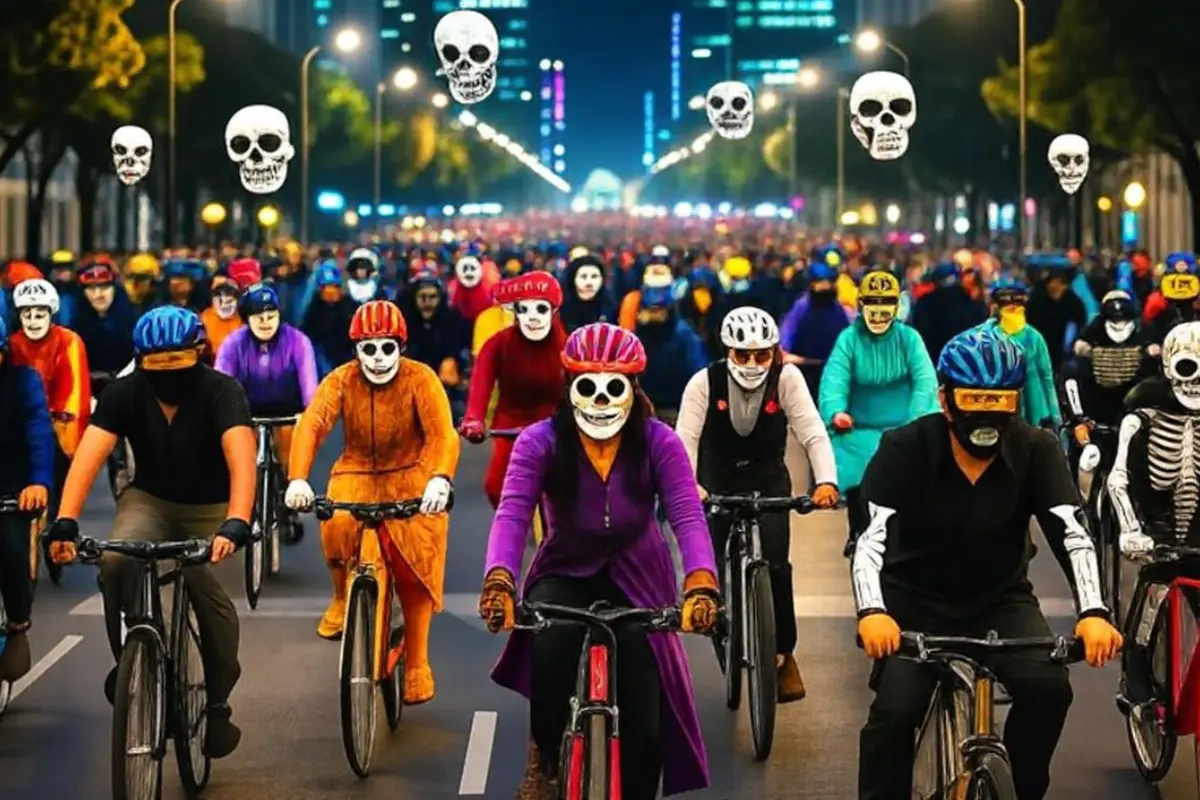 Paseo ciclista de Día de Muertos en CDMX. Foto: IA