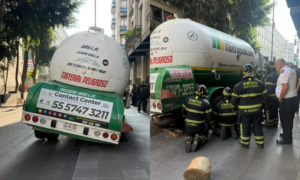 Pipa de gas que cayó en registro sin tapa en Centro Histórico. Foto: Ramón Ramírez | Canva