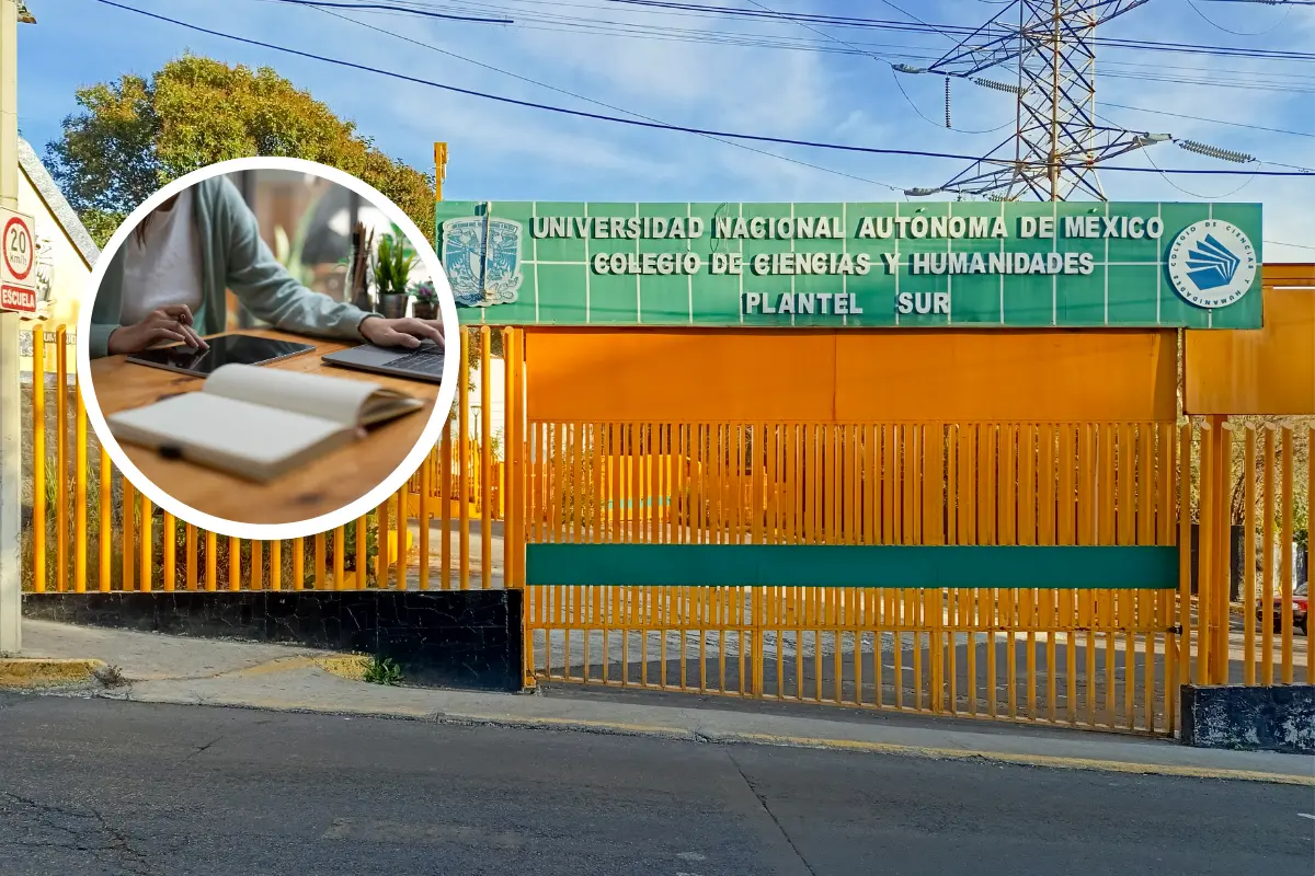 De fondo CCH Sur, estudiante en clases en línea. Foto: Wikipedia | Canva