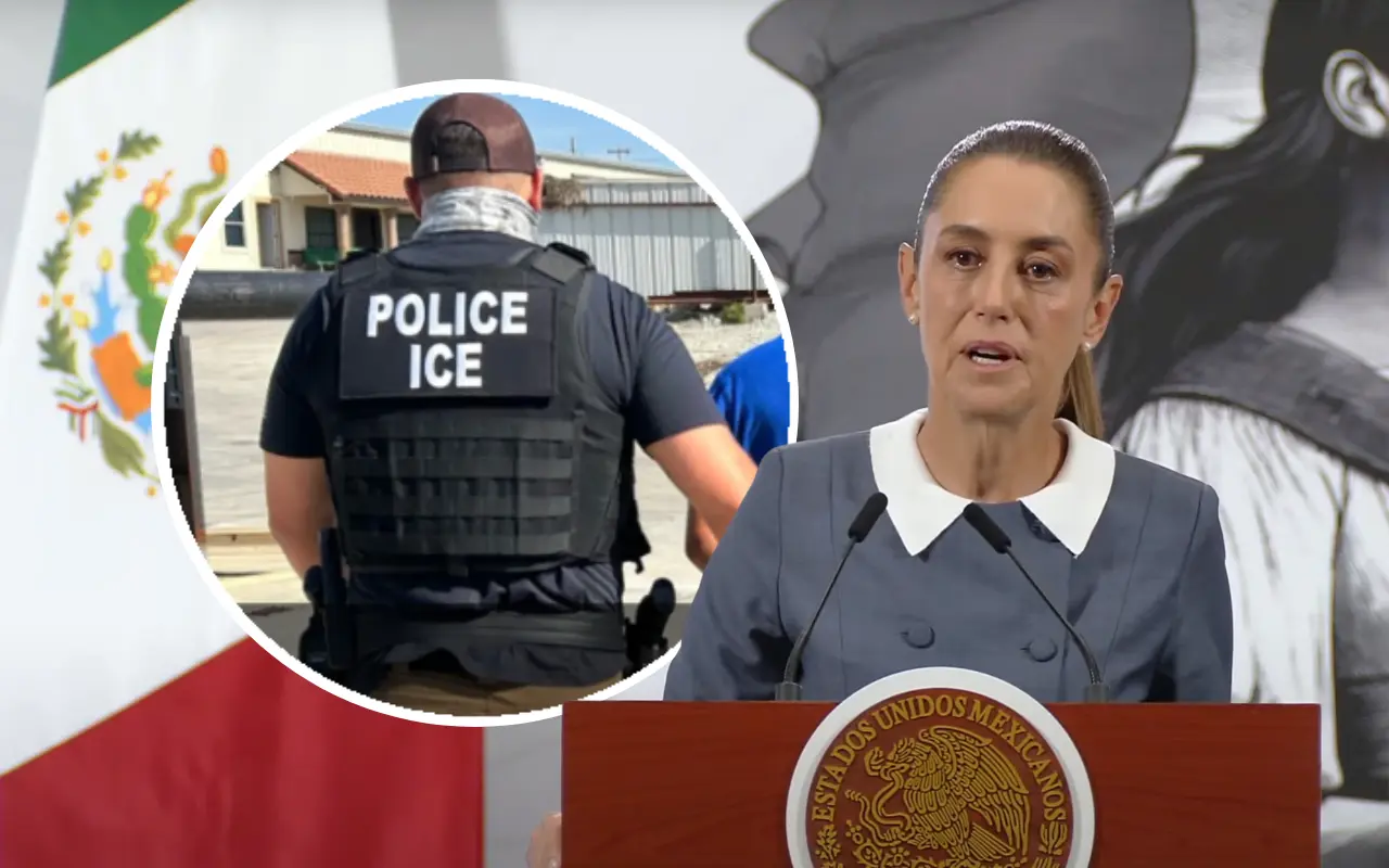 Claudia Sheinbaum y agente del ICE. Foto: X (@ICEgov) / Captura de pantalla: YouTube (Claudia Sheinbaum)