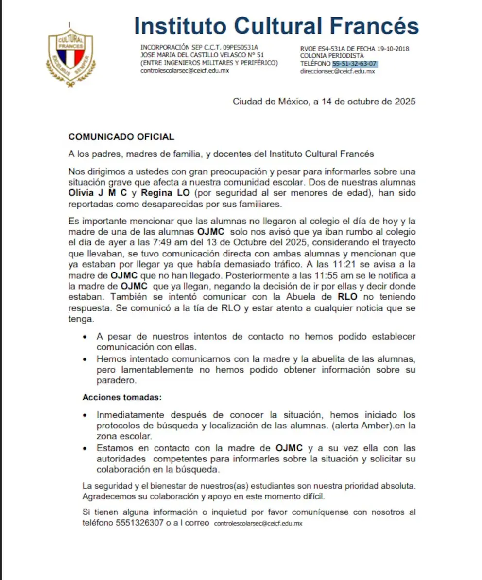 Comunicado del Instituto Cultural Francés. Foto: Especial