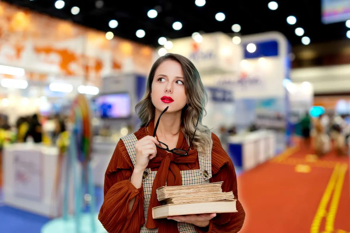 Mujer pensando con libros en mano y detrás una feria Foto: Canva