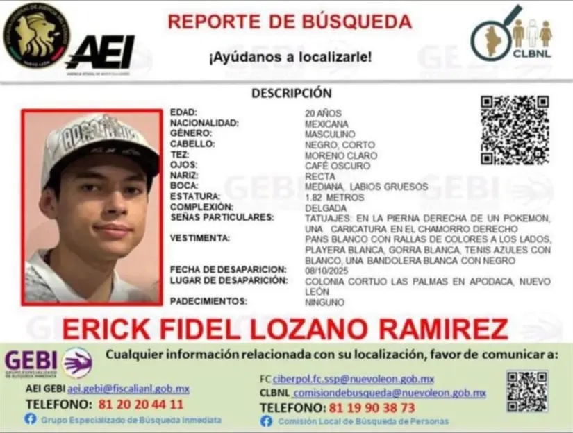 Ficha de búsqueda de Erick Fidel Lozano / Foto: AEI