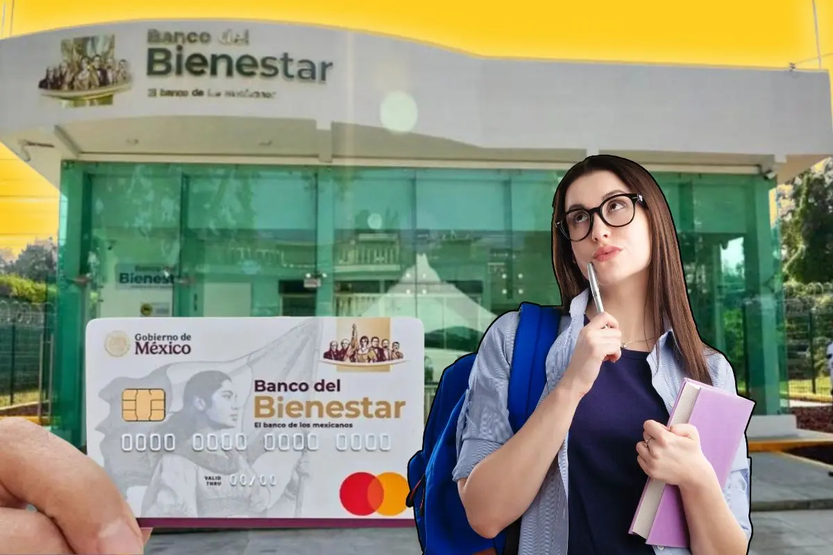 Estudiante con libro en mano y pluma y detrás la tarjeta del Banco del Bienestar Foto: Canva