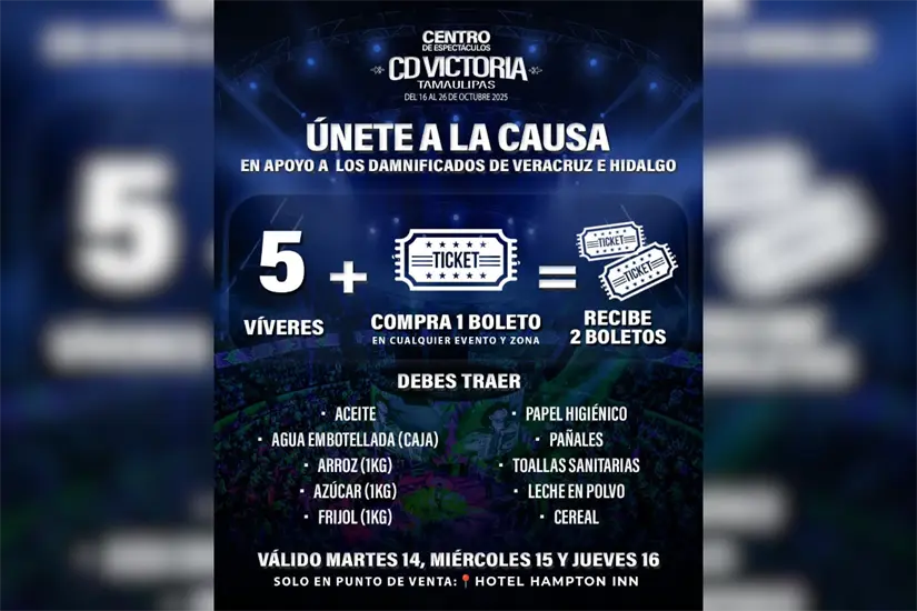 Promoción 2x1 lanzada por el Centro de Espectáculos Victoria, con motivo de la Feria Tamaulipas 2025. Foto: Victoria Jiménez