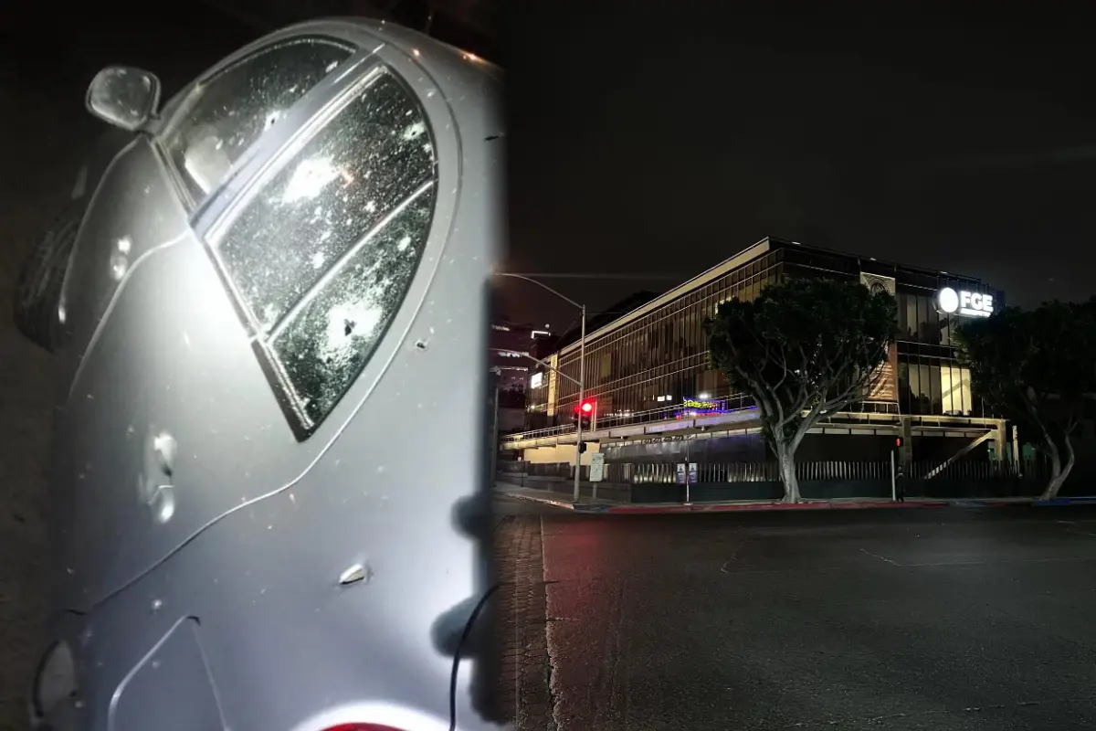 Auto afectado y sede de la FGE de Baja California en Tijuana. Foto: Facebook (Fiscalía General del Estado de Baja California) / X (@DanielAndradeTV)