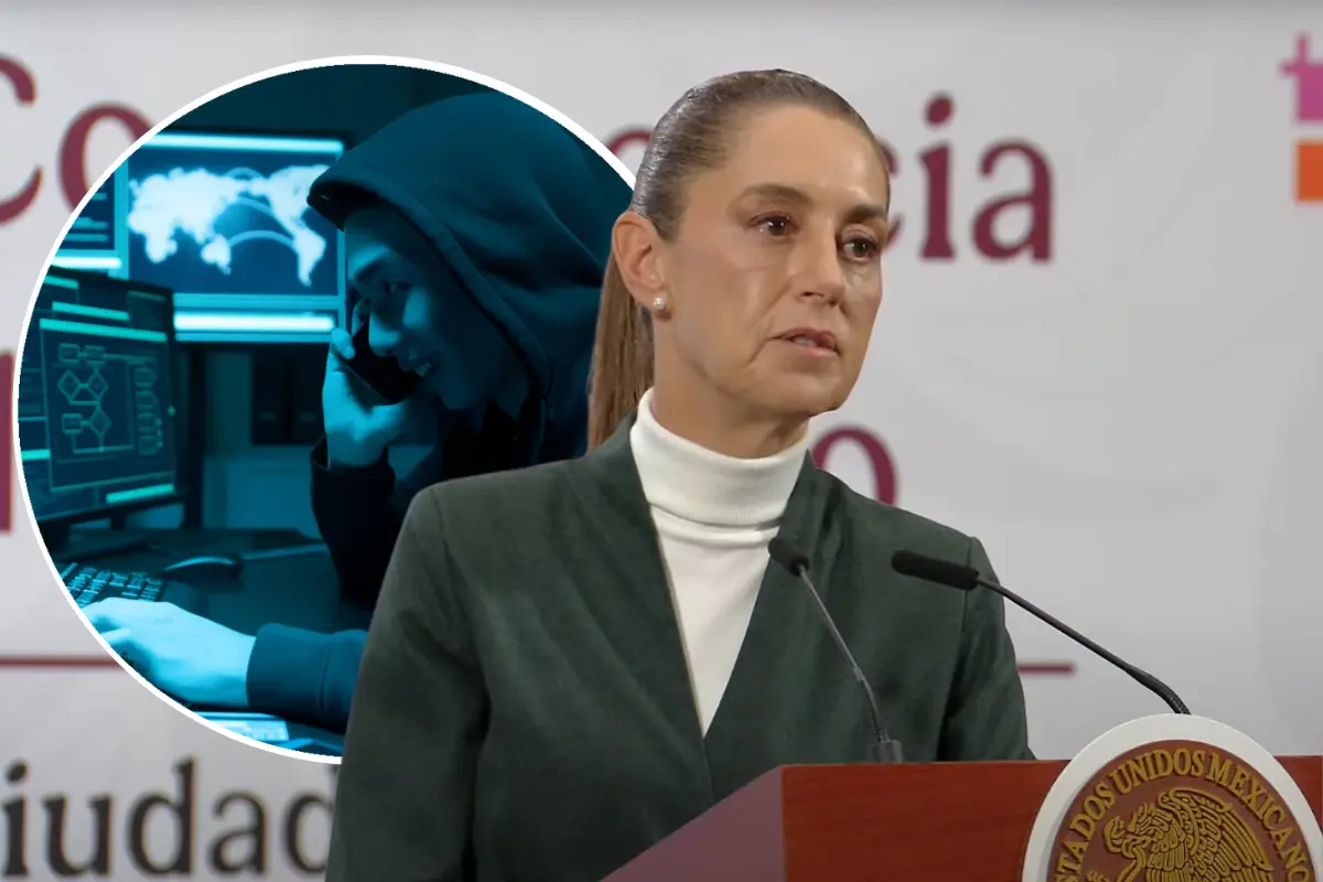 Claudia Sheinbaum y persona hablando por teléfono frente a una computadora. Foto: Canva / Captura de pantalla: YouTube (Claudia Sheinbaum)