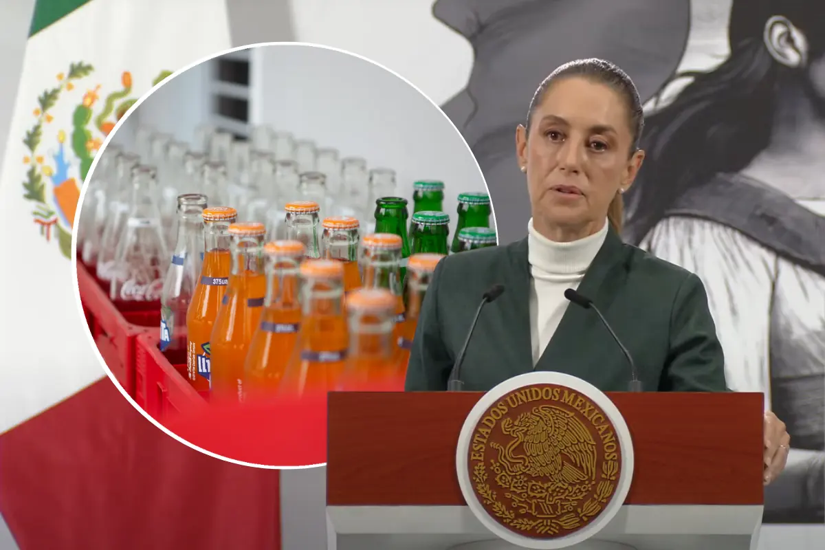 Claudia Sheinbaum y caja de refrescos. Foto: Canva / Captura de pantalla: YouTube (Claudia Sheinbaum)