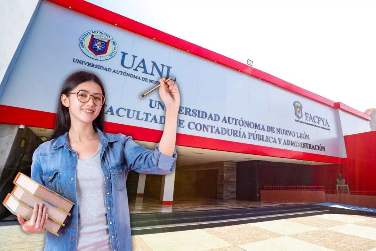 Mujer con lápiz y libros en mano, detrás la fachada de FACPYA Foto: Canva