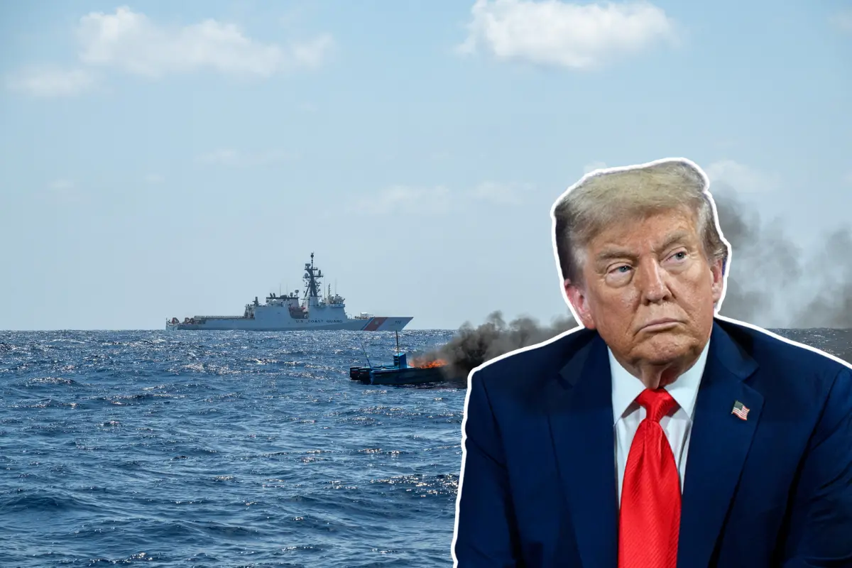 Donald Trump, barco militar y navío incendiándose. Foto: X (@Southcom) / (@WhiteHouse)