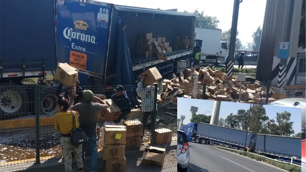 Tráfico en la México-Querétaro por tráiler de cerveza volcado a la altura de Cuautitlán