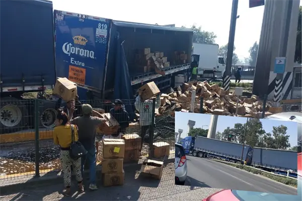 Tráfico en la México-Querétaro por tráiler de cerveza volcado a la altura de Cuautitlán