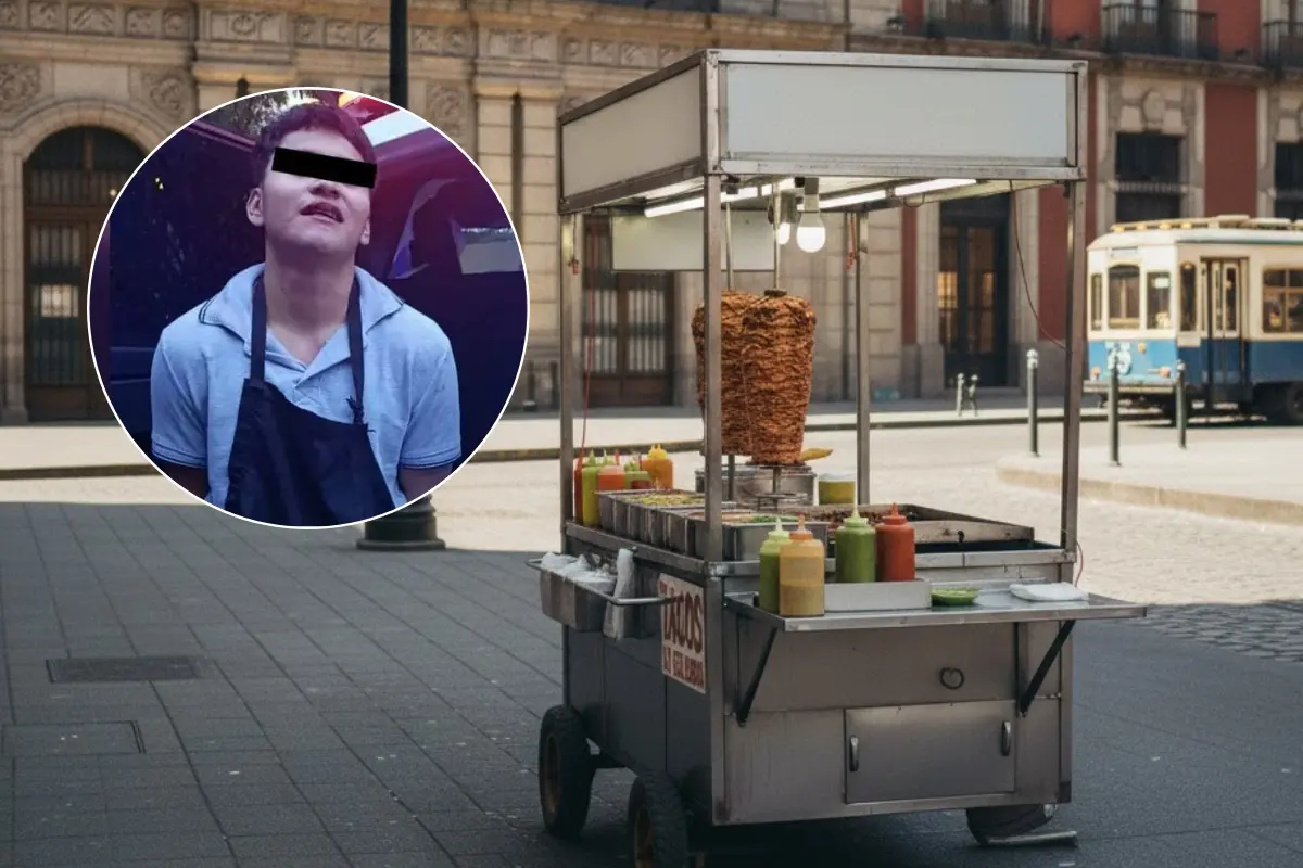 Puesto de tacos en el centro de CDMX, al frente la cara del presunto asesino. Foto: Gemini AI | SSC | Canva