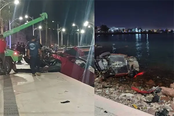 FOTOS | Volcó su auto y cayó al mar en el malecón de La Paz ir con exceso de velocidad